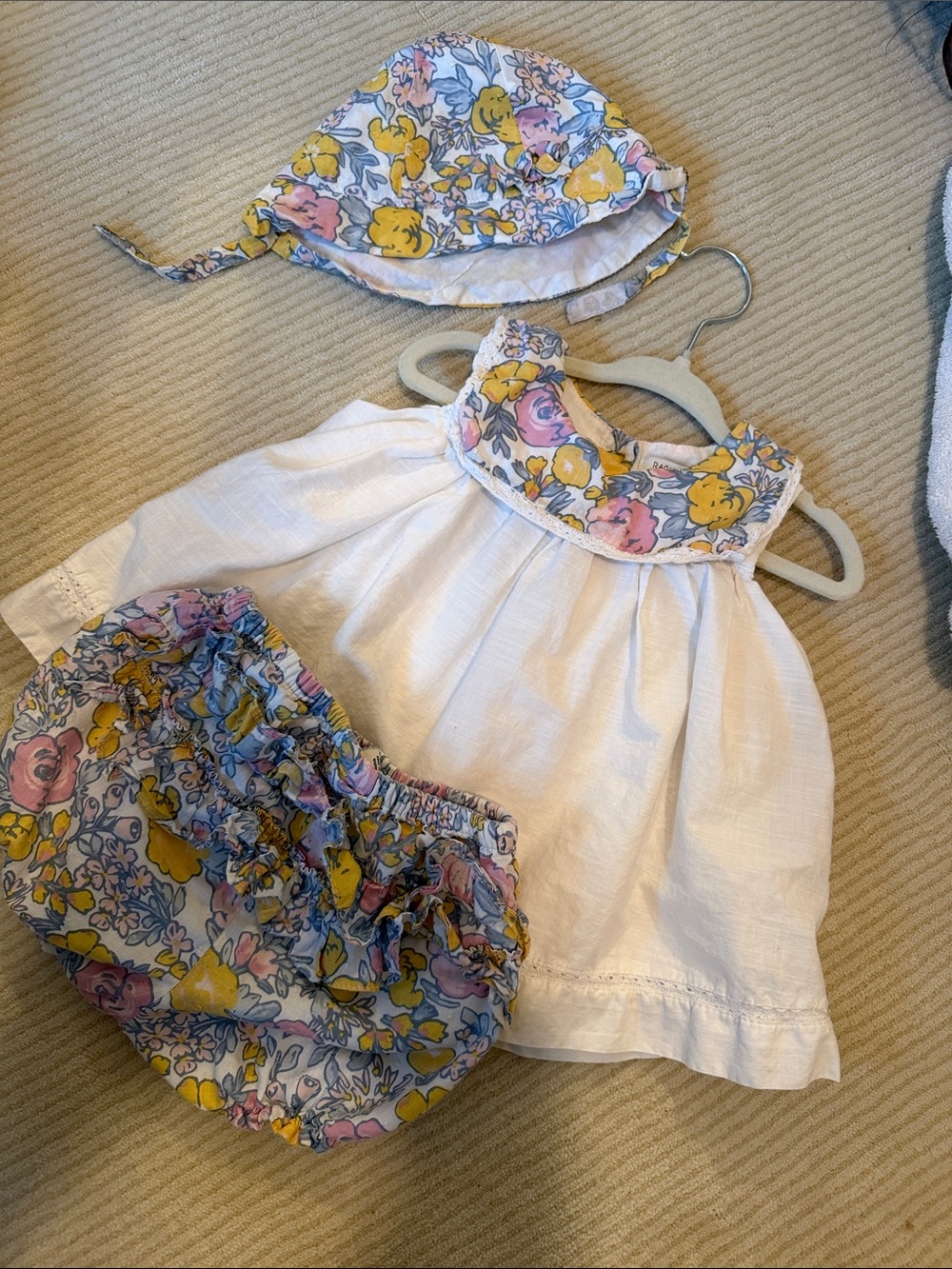 Rachel Zoe Baby Dress Set with Bloomers and Hat Outfit, Floral w crochet Trim
